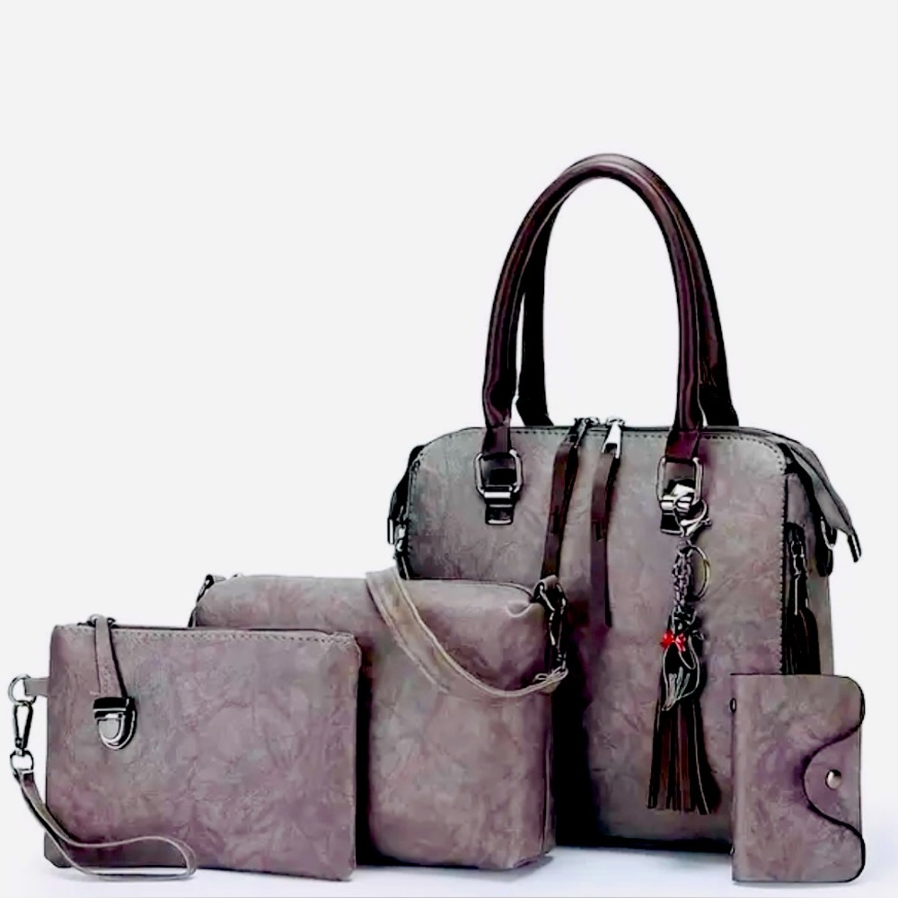 New - Gorgeous - 4Pcs - Multi Functional - Faux Leather - Tote Bag Set - Gray